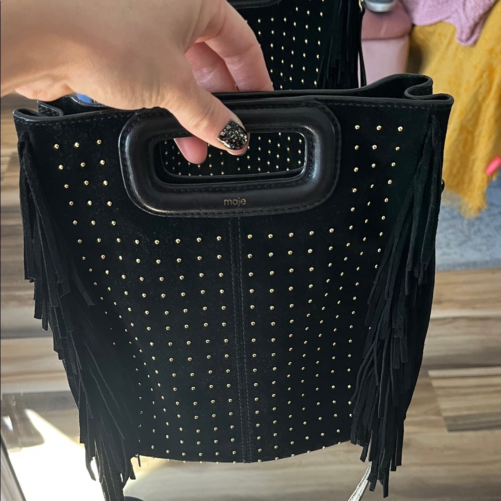 MAJE Mini M‎ Black Suede Gold Studded Fringe Bag